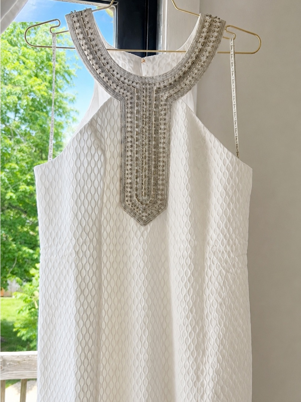 Lilly Pulitzer Cream Textured Shift Dress with Gold Embellished Neckline